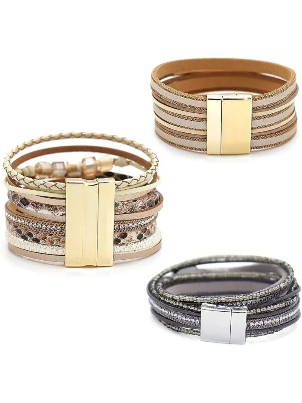 Stylish 3-Pack Leather Cuff Bracelets Set | Multilayer Wrap, Crystal & Feather